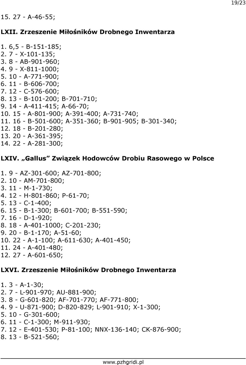 20 - A-361-395; 14. 22 - A-281-300; LXIV. Gallus Związek Hodowców Drobiu Rasowego w Polsce 1. 9 - AZ-301-600; AZ-701-800; 2. 10 - AM-701-800; 3. 11 - M-1-730; 4. 12 - H-801-860; P-61-70; 5.