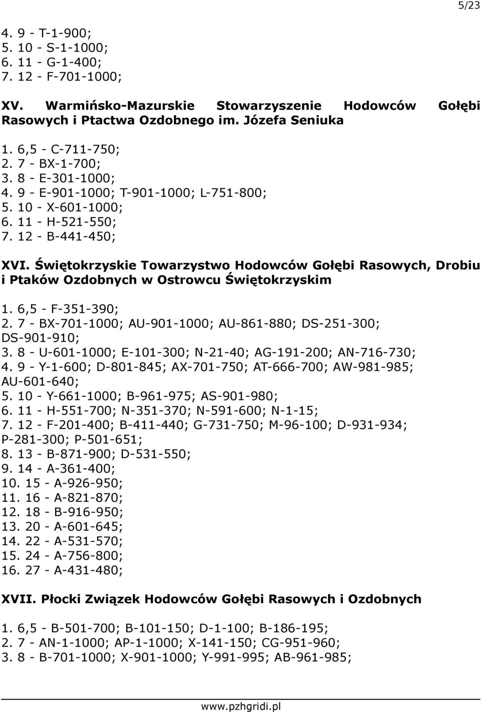 Świętokrzyskie Towarzystwo Hodowców Gołębi Rasowych, Drobiu i Ptaków Ozdobnych w Ostrowcu Świętokrzyskim 1. 6,5 - F-351-390; 2. 7 - BX-701-1000; AU-901-1000; AU-861-880; DS-251-300; DS-901-910; 3.