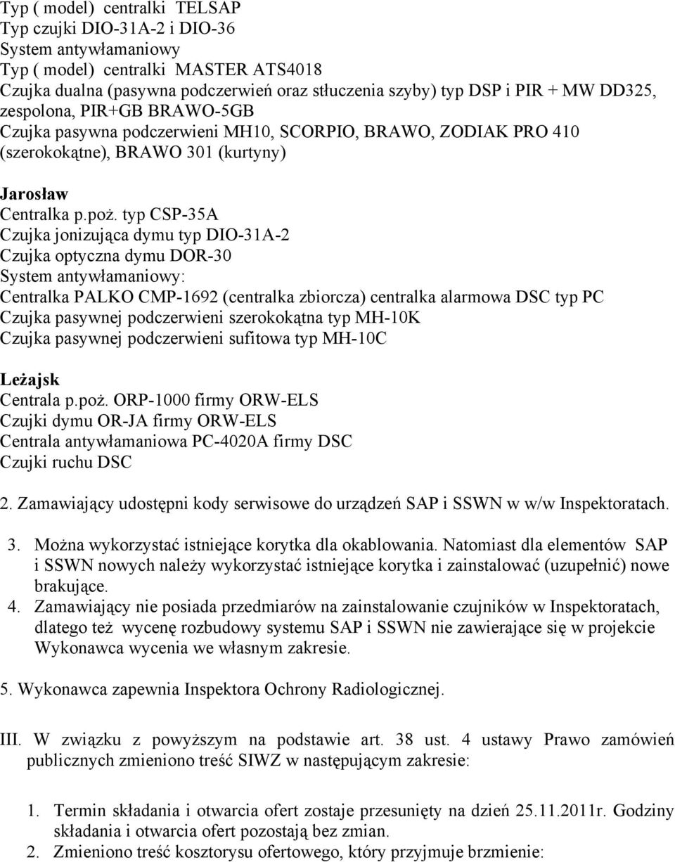 typ CSP-35A Czujka jonizująca dymu typ DIO-3A-2 Czujka optyczna dymu DOR-30 System antywłamaniowy: Centralka PALKO CMP-692 (centralka zbiorcza) centralka alarmowa DSC typ PC Czujka pasywnej
