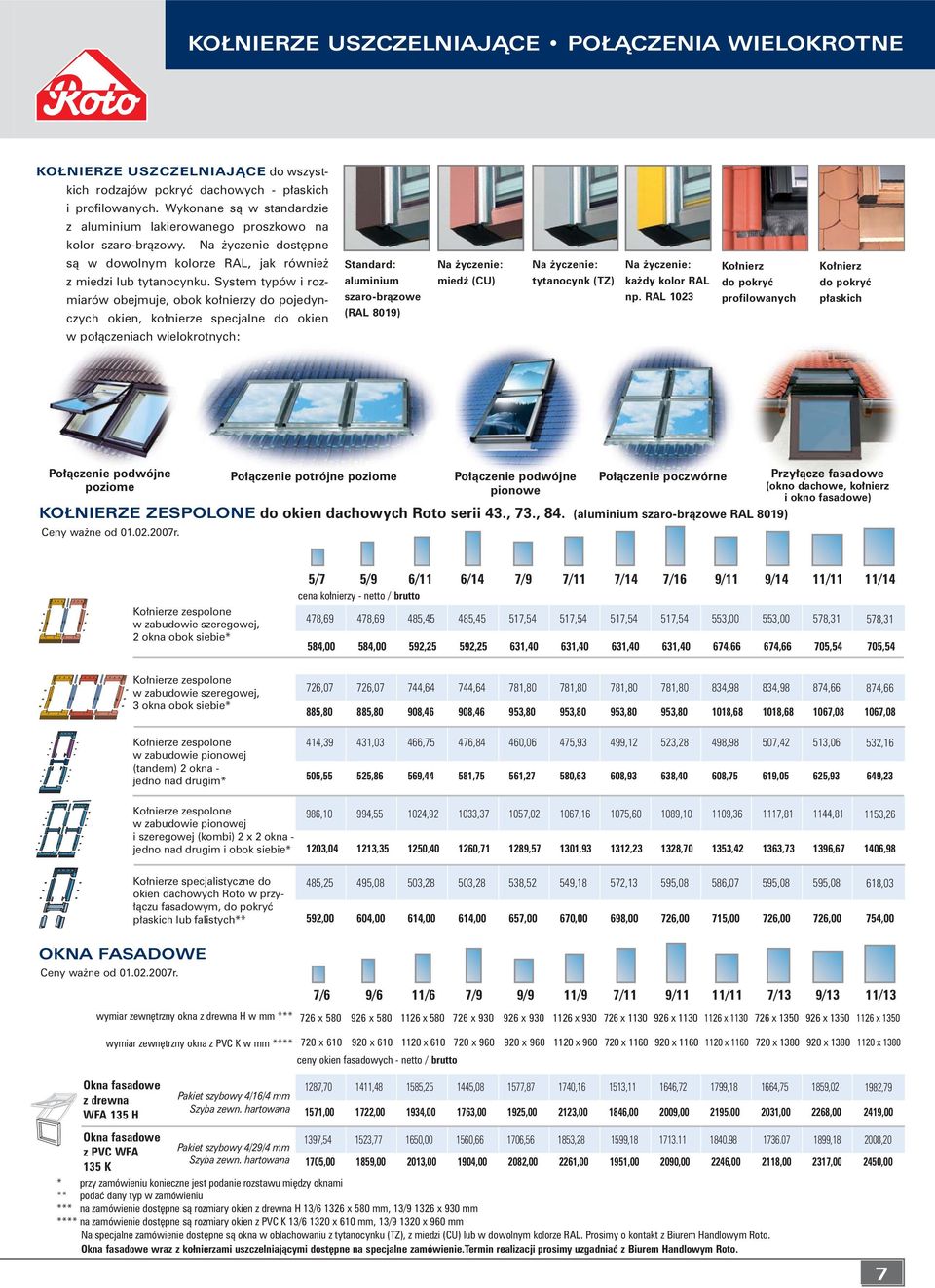 System typów i rozmiarów obejmuje, obok ko nierzy do pojedynczych okien, ko nierze specjalne do okien w po àczeniach wielokrotnych: Standard: aluminium szarobràzowe (RAL 809) Na yczenie: miedê (CU)