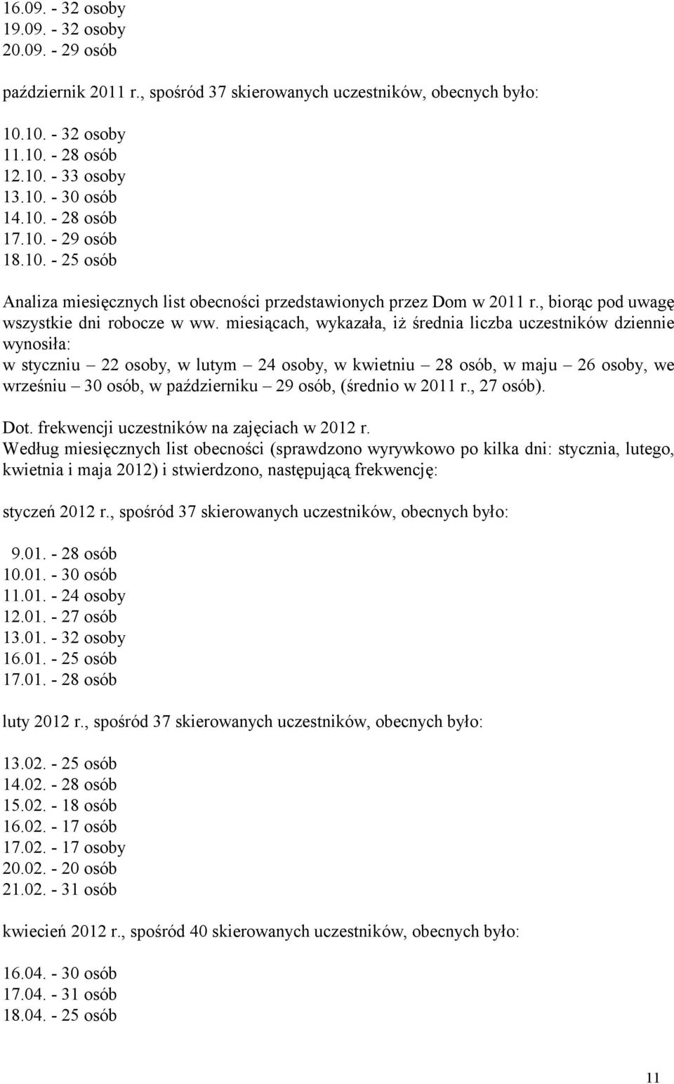 miesiącach, wykazała, iż średnia liczba uczestników dziennie wynosiła: w styczniu 22 osoby, w lutym 24 osoby, w kwietniu 28 osób, w maju 26 osoby, we wrześniu 30 osób, w październiku 29 osób,