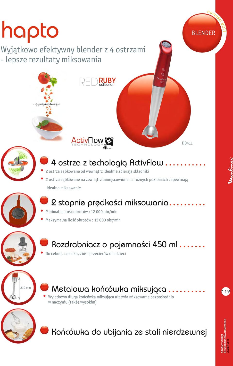 obrotów : 12 000 obr/min Maksymalna ilość obrotów : 15 000 obr/min Rozdrabniacz o pojemnoœci 450 ml Do cebuli, czosnku, ziół i przecierów dla dzieci 210 mm Metalowa koñcówka miksuj¹ca