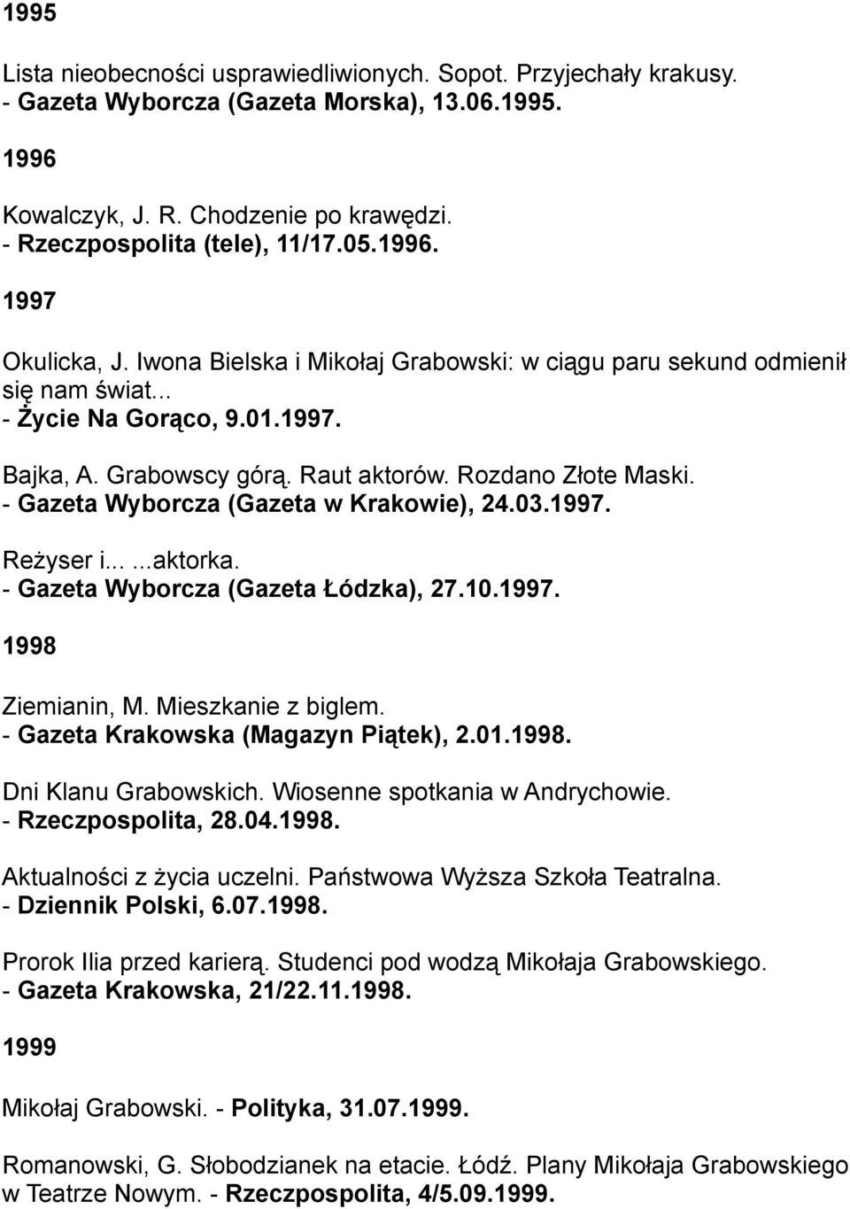 - Gazeta Wyborcza (Gazeta w Krakowie), 24.03.1997. Reżyser i......aktorka. - Gazeta Wyborcza (Gazeta Łódzka), 27.10.1997. 1998 Ziemianin, M. Mieszkanie z biglem.