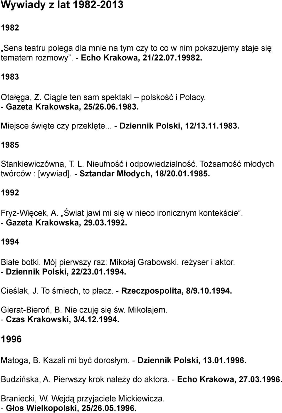 Nieufność i odpowiedzialność. Tożsamość młodych twórców : [wywiad]. - Sztandar Młodych, 18/20.01.1985. 1992 Fryz-Więcek, A. Świat jawi mi się w nieco ironicznym kontekście. - Gazeta Krakowska, 29.03.