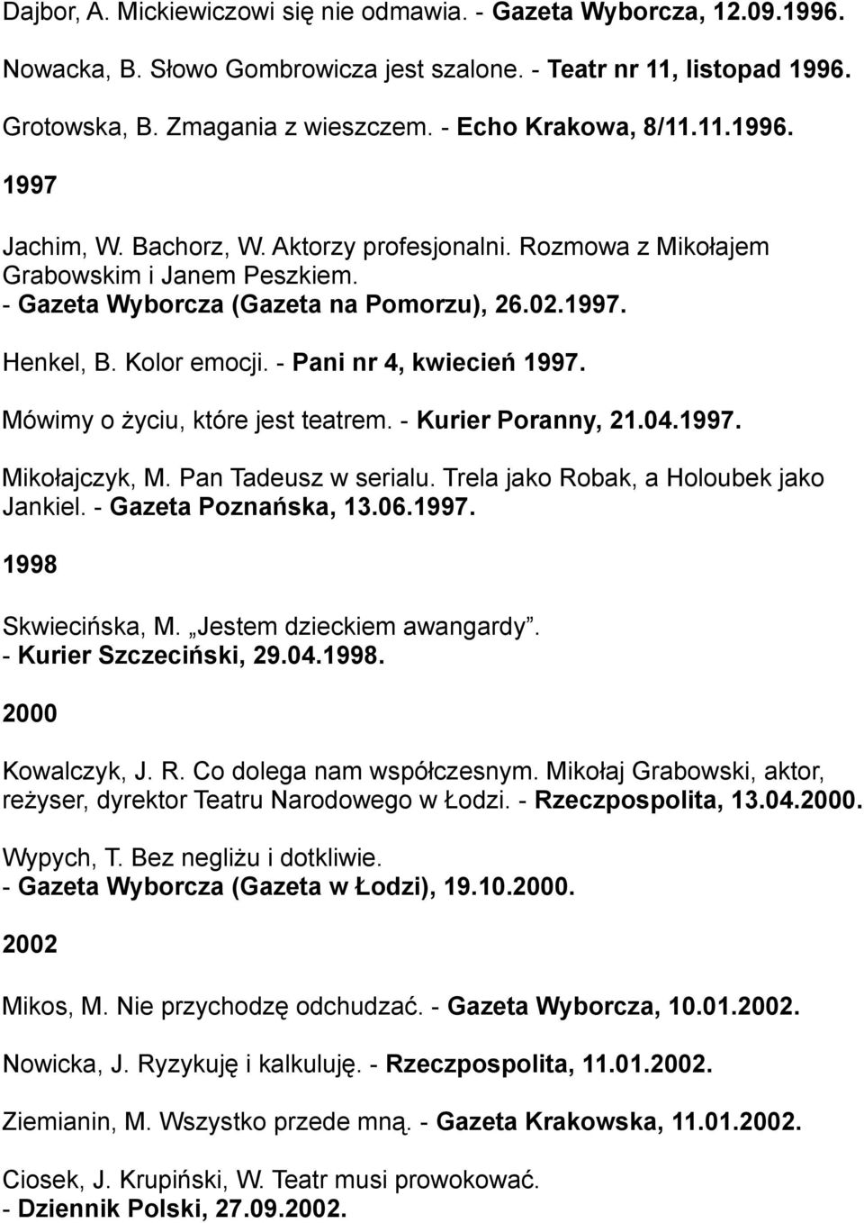 Kolor emocji. - Pani nr 4, kwiecień 1997. Mówimy o życiu, które jest teatrem. - Kurier Poranny, 21.04.1997. Mikołajczyk, M. Pan Tadeusz w serialu. Trela jako Robak, a Holoubek jako Jankiel.