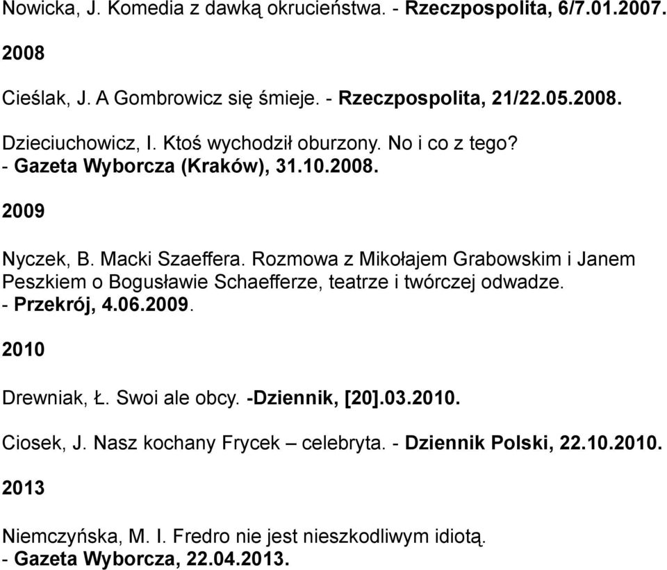 Rozmowa z Mikołajem Grabowskim i Janem Peszkiem o Bogusławie Schaefferze, teatrze i twórczej odwadze. - Przekrój, 4.06.2009. 2010 Drewniak, Ł. Swoi ale obcy.