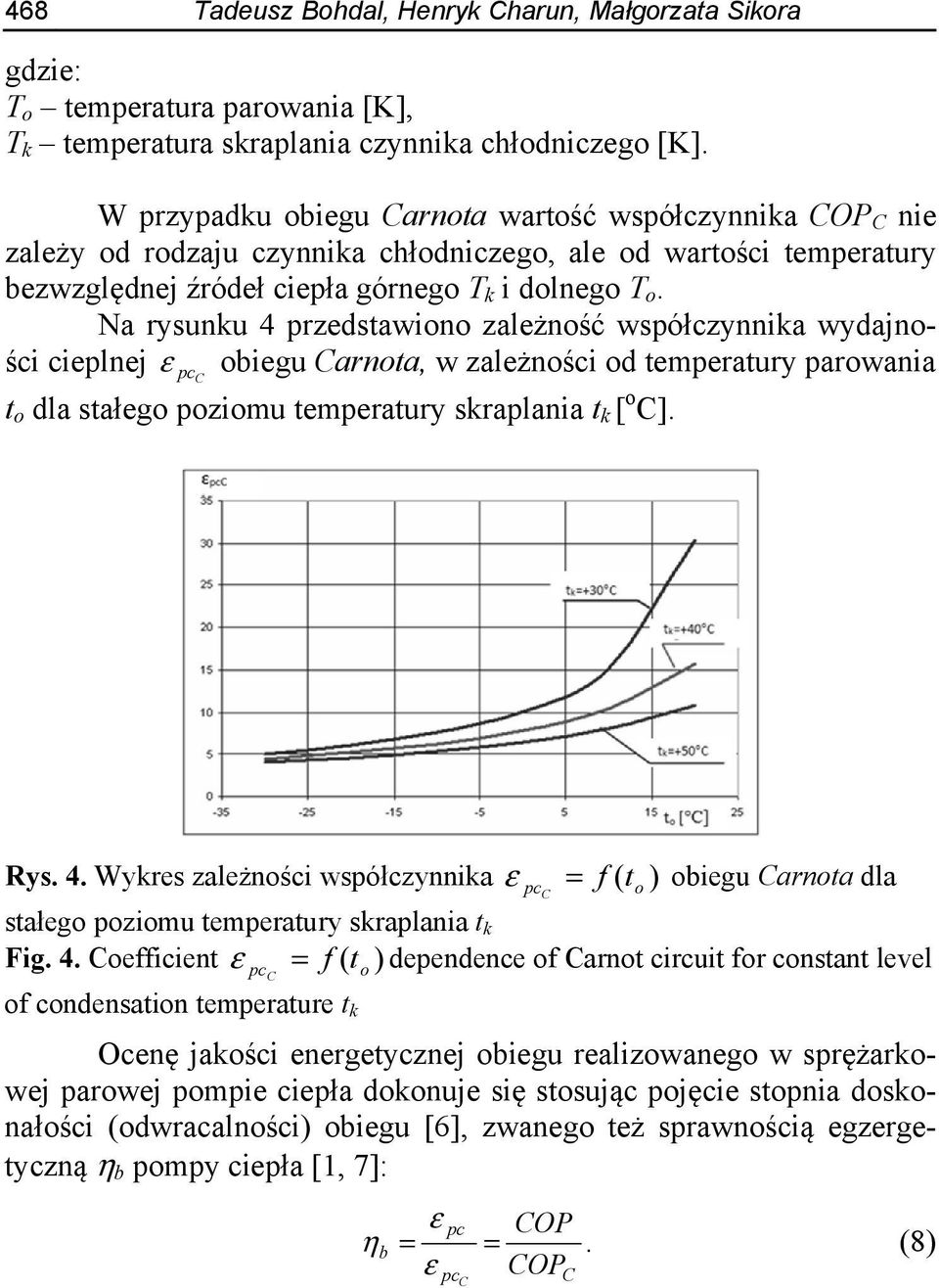 Na rysunku 4 przedstawiono zależność współczynnika wydajności cieplnej ε pc obiegu Carnota, w zależności od temperatury parowania C t o dla stałego poziomu temperatury skraplania t k [ o C]. Rys. 4. Wykres zależności współczynnika ε = pc f ( t o ) obiegu Carnota dla C stałego poziomu temperatury skraplania t k Fig.