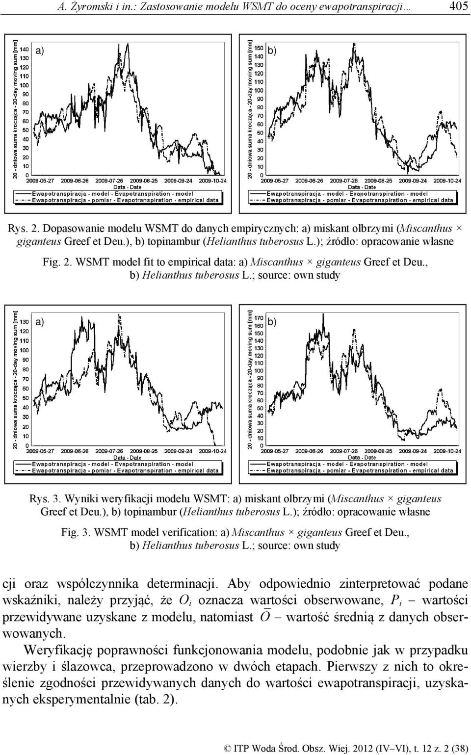 ; source: own study a) b) Rys. 3. Wyniki weryfikacji modelu WSMT: a) miskant olbrzymi (Miscanthus giganteus Greef et Deu.), b) topinambur (Helianthus tuberosus L.); źródło: opracowanie własne Fig. 3. WSMT model verification: a) Miscanthus giganteus Greef et Deu.