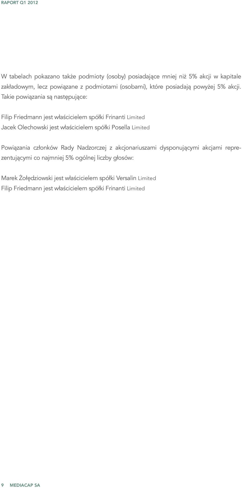 Takie powiązania są następujące: Filip Friedmann jest właścicielem spółki Frinanti Limited Jacek Olechowski jest właścicielem spółki Posella