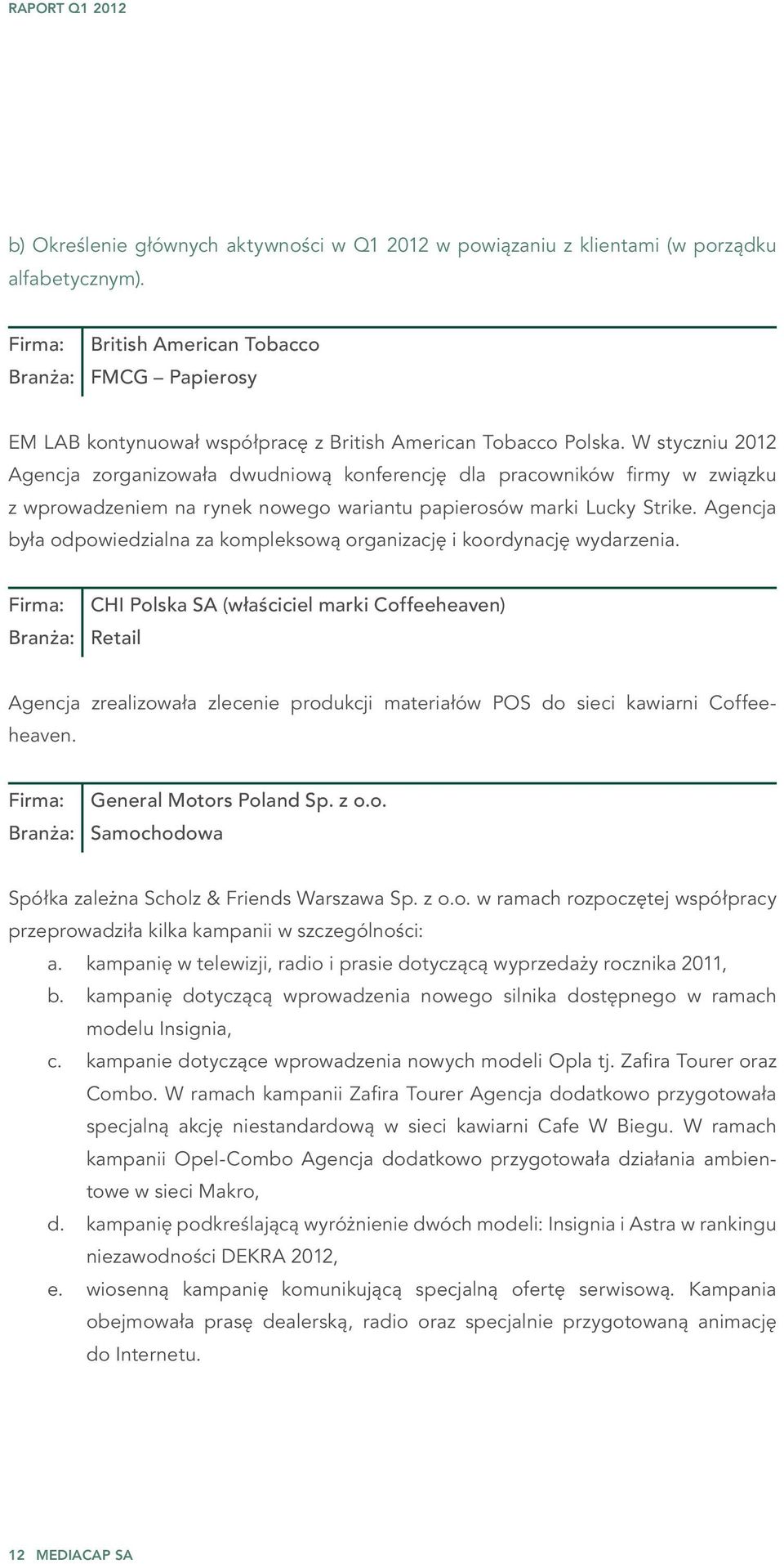 W styczniu 2012 Agencja zorganizowała dwudniową konferencję dla pracowników firmy w związku z wprowadzeniem na rynek nowego wariantu papierosów marki Lucky Strike.