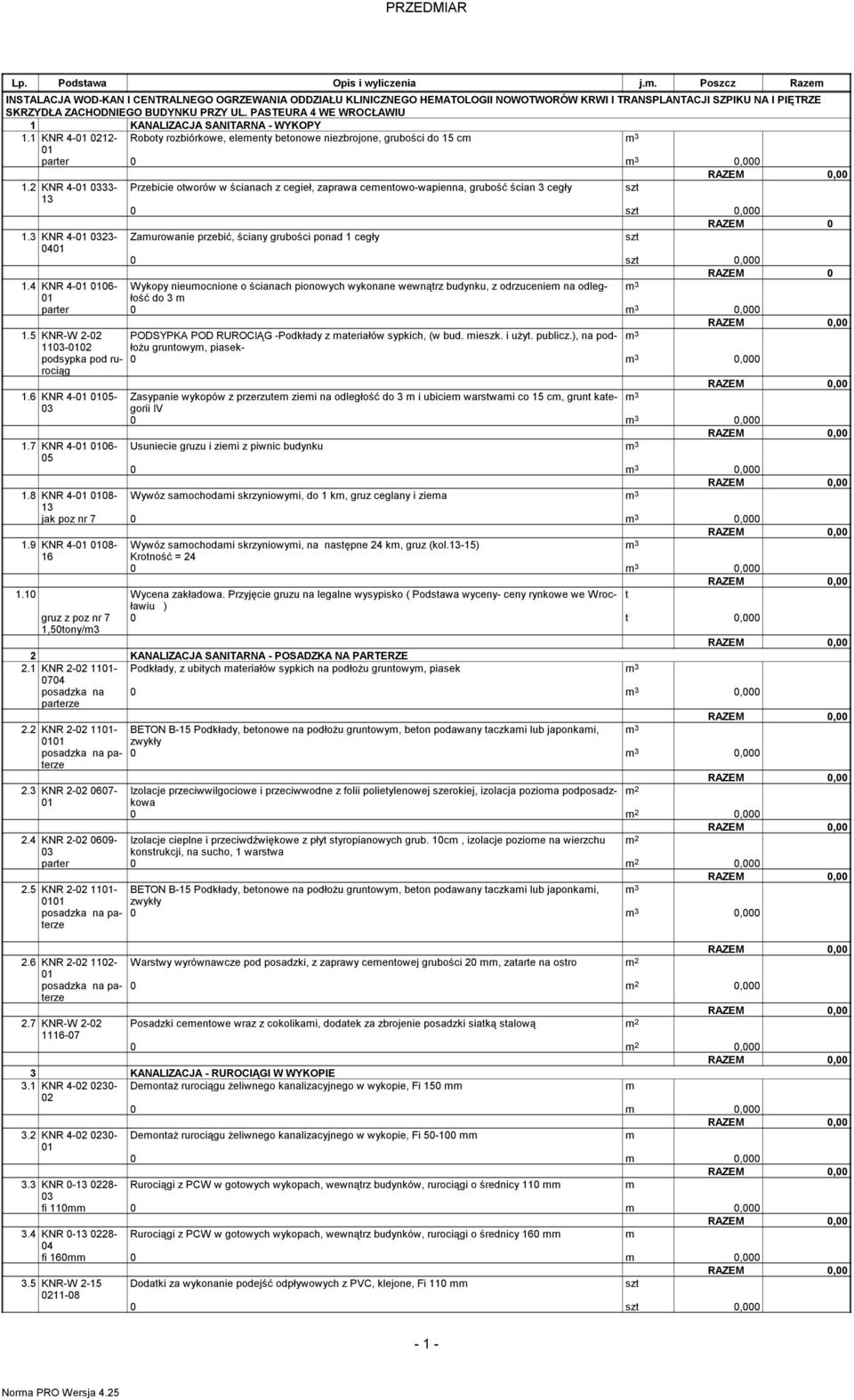 PASTEURA 4 WE WROCŁAWIU 1 KANALIZACJA SANITARNA - WYKOPY 1.1 KNR 4-12- Roboty rozbiórkowe, eleenty betonowe niezbrojone, grubości do 15 c 3 parter 0 3 0,000 1.
