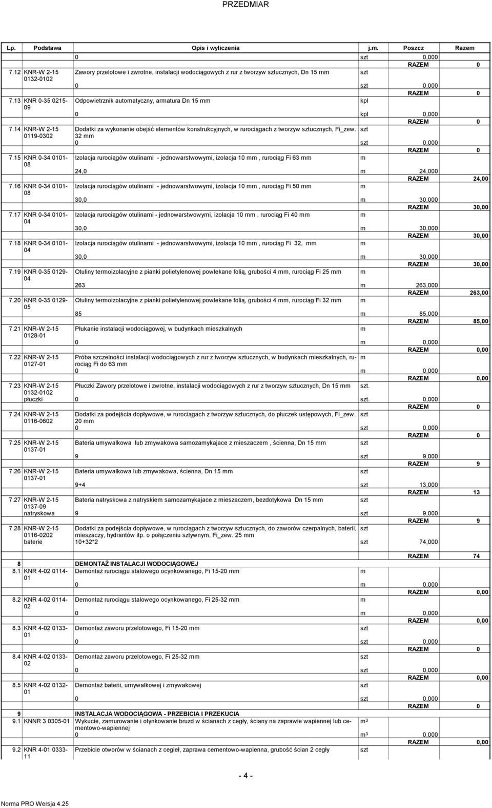 21 KNR-W 2-15 28- Zawory przelotowe i zwrotne, instalacji wodociągowych z rur z tworzyw ucznych, Dn 15 Odpowietrznik autoatyczny, aratura Dn 15 0 0,000 Dodatki za wykonanie obejść eleentów