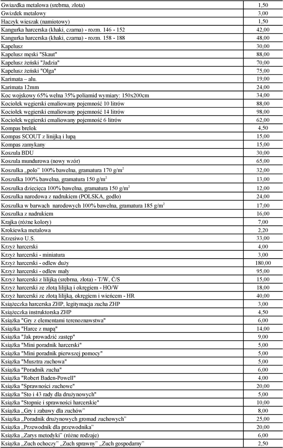 75,00 19,00 Karimata 12mm 2 Koc wojskowy 65% wełna 35% poliamid wymiary: 150x200cm 3 Kociołek węgierski emaliowany pojemność 10 litrów 88,00 Kociołek węgierski emaliowany pojemność 14 litrów 98,00