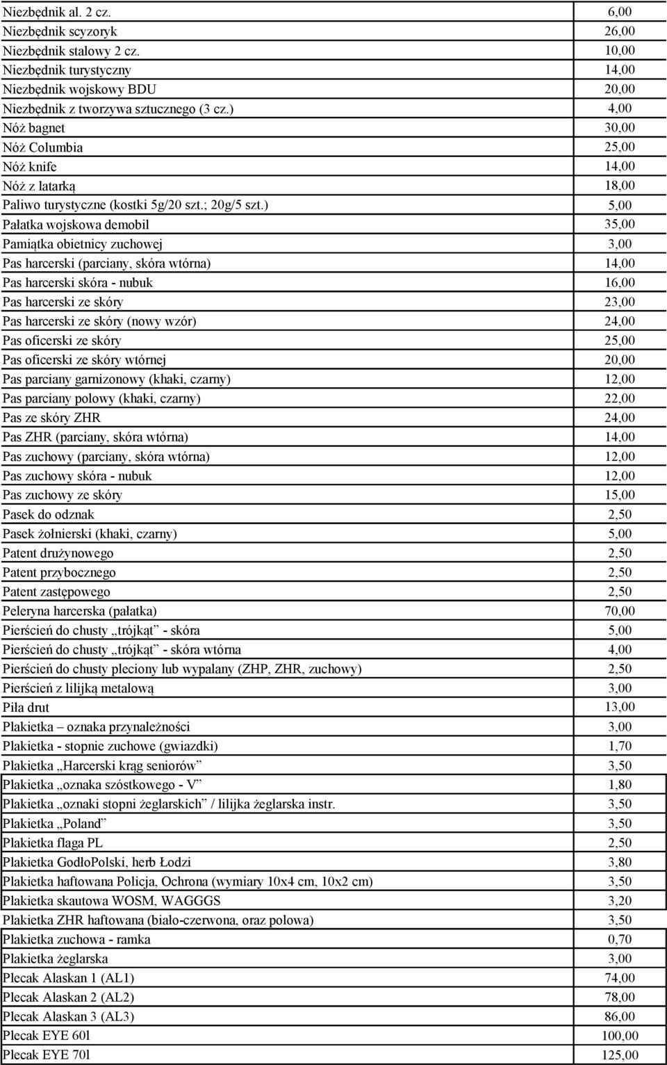 ) 5,00 Pałatka wojskowa demobil 35,00 Pamiątka obietnicy zuchowej 3,00 Pas harcerski (parciany, skóra wtórna) 1 Pas harcerski skóra - nubuk 16,00 Pas harcerski ze skóry 23,00 Pas harcerski ze skóry