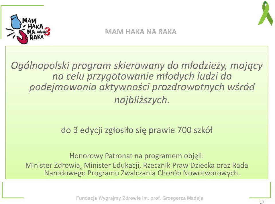 do 3 edycji zgłosiło się prawie 700 szkół Honorowy Patronat na programem objęli: Minister