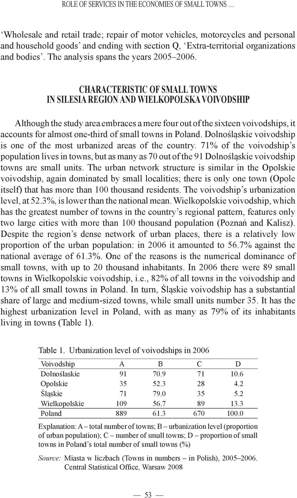 CHARACTERISTIC OF SMALL TOWNS IN SILESIA REGION AND WIELKOPOLSKA VOIVODSHIP Although the study area embraces a mere four out of the sixteen voivodships, it accounts for almost one-third of small