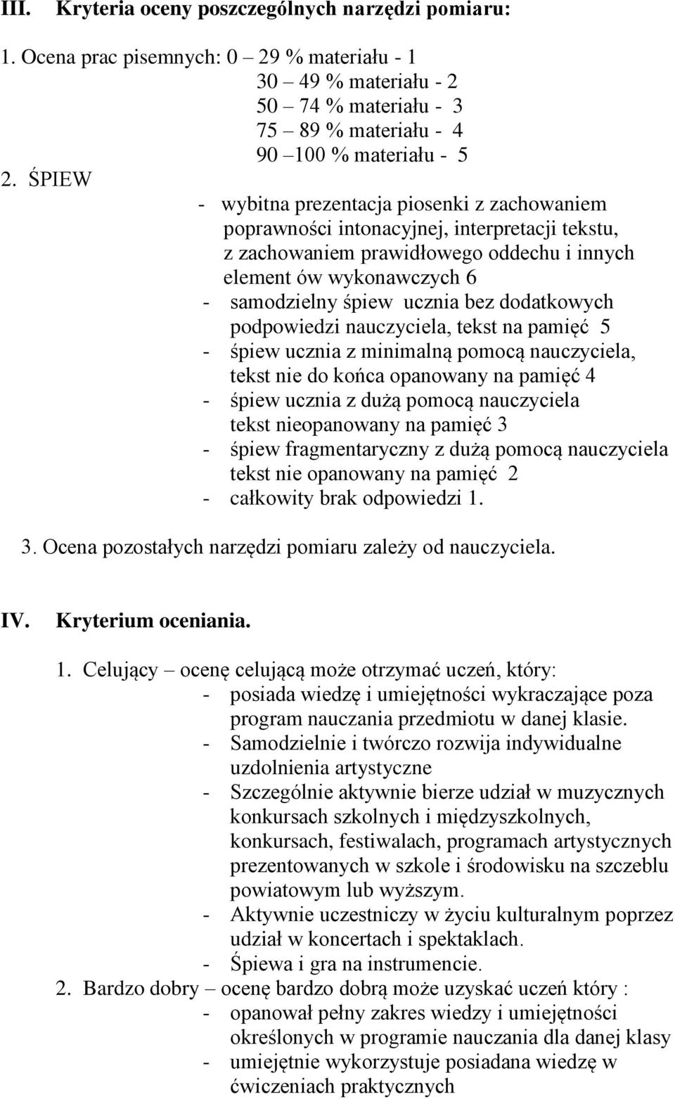 dodatkowych podpowiedzi nauczyciela, tekst na pamięć 5 - śpiew ucznia z minimalną pomocą nauczyciela, tekst nie do końca opanowany na pamięć 4 - śpiew ucznia z dużą pomocą nauczyciela tekst