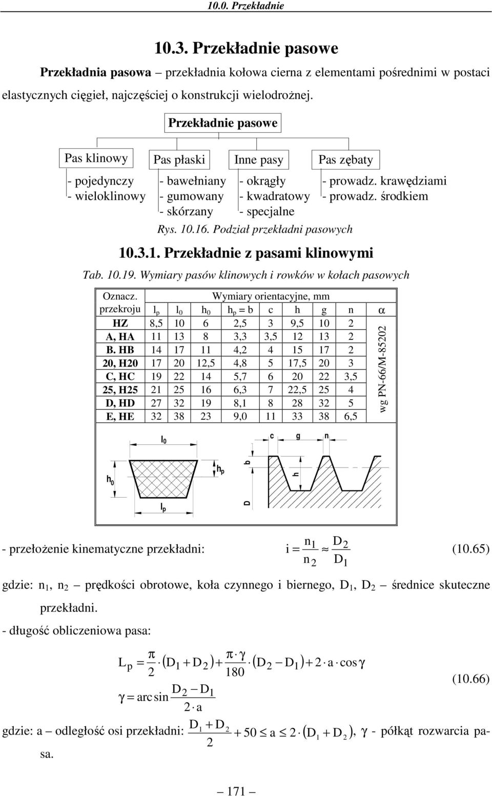 . Przekłdnie z psmi klinowymi T. 0.9. Wymiry psów klinowych i rowków w kołch psowych Ozncz. Wymiry orientcyjne, mm przekroju l p l 0 h 0 h p = c h g n α HZ 8,5 0 6,5 3 9,5 0 A, HA 3 8 3,3 3,5 3 B.