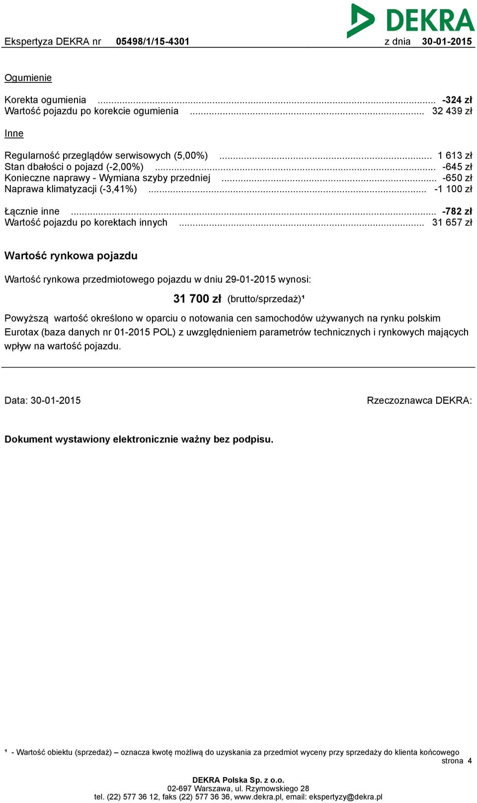 .. 31 657 zł Wartość rynkowa pojazdu Wartość rynkowa przedmiotowego pojazdu w dniu 29-01-2015 wynosi: 31 700 zł (brutto/sprzedaż)¹ Powyższą wartość określono w oparciu o notowania cen samochodów