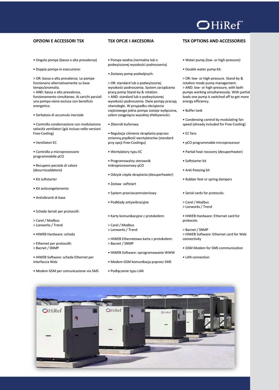 Serbatoio di accumulo inerziale Controllo condensazione con modulazione velocità ventilatori (già incluso nelle versioni Free-Cooling) Ventilatori EC Controllo a microprocessore programmabile pco