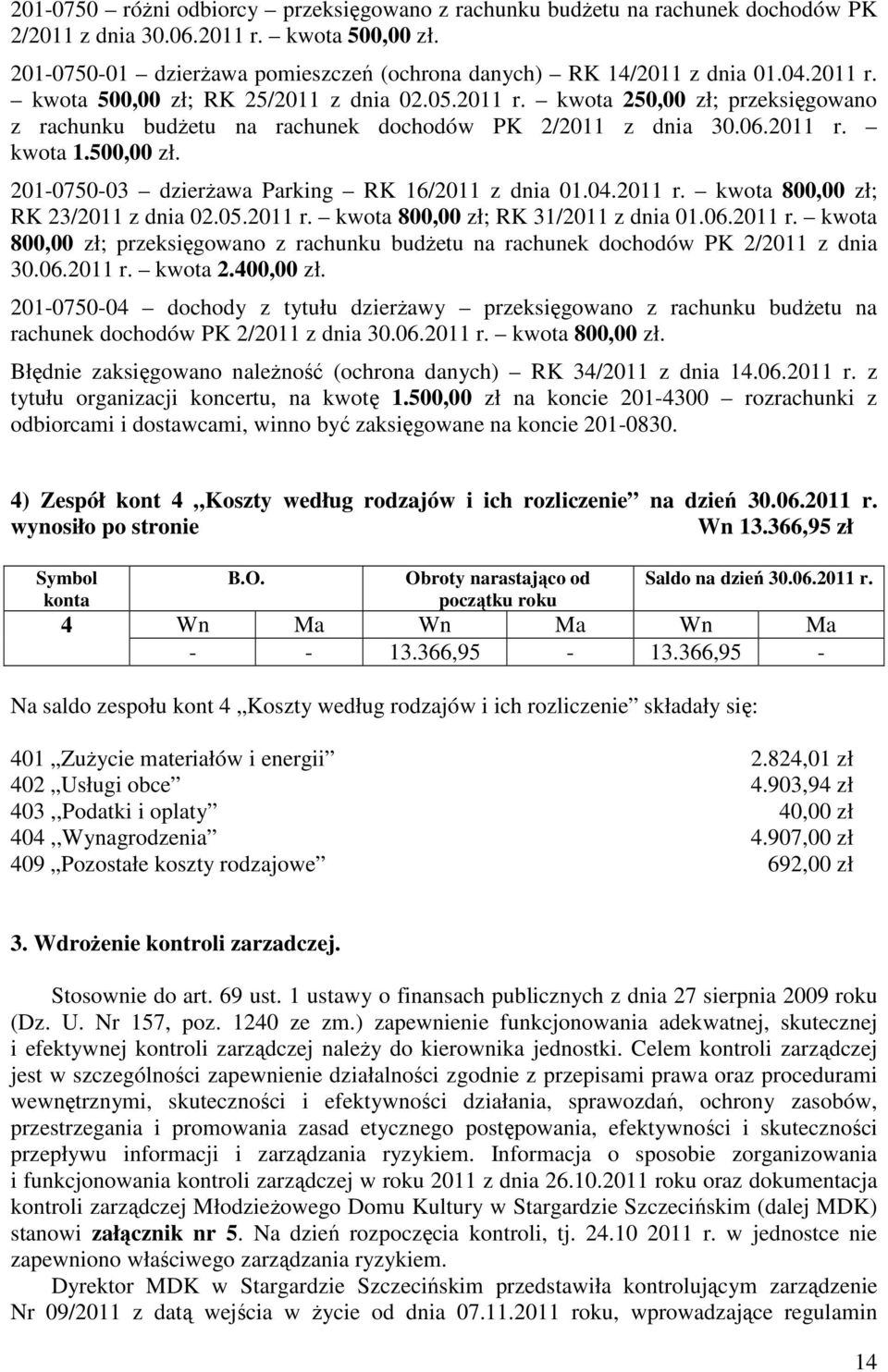 04.2011 r. kwota 800,00 zł; RK 23/2011 z dnia 02.05.2011 r. kwota 800,00 zł; RK 31/2011 z dnia 01.06.2011 r. kwota 800,00 zł; przeksięgowano z rachunku budżetu na rachunek dochodów PK 2/2011 z dnia 30.