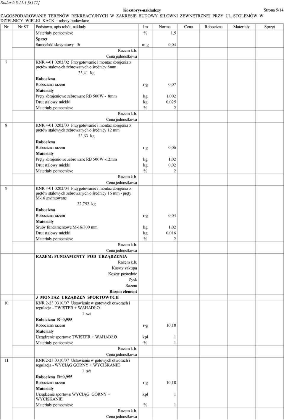 montaż zbrojenia z prętów stalowych żebrowanych o średnicy 12 mm 23,63 kg razem r-g 0,06 Pręty zbrojeniowe żebrowane RB 500W -12mm kg 1,02 Drut stalowy miękki kg 0,02 pomocnicze % 2 9 KNR 4-01