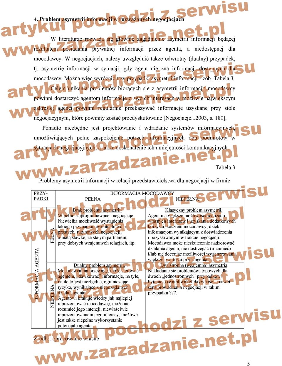 Można więc wyróżnić trzy przypadki asymetrii informacji - zob. Tabela 3.