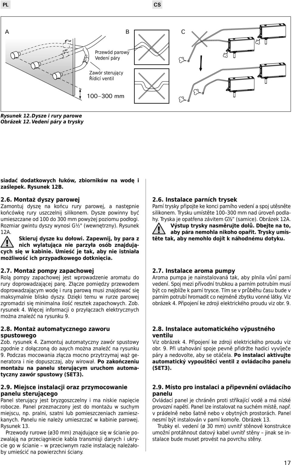 Rozmiar gwintu dyszy wynosi G½" (wewnętrzny). Rysunek 12A. Skieruj dysze ku dołowi. Zapewnij, by para z nich wylatująca nie parzyła osób znajdujących się w kabinie.