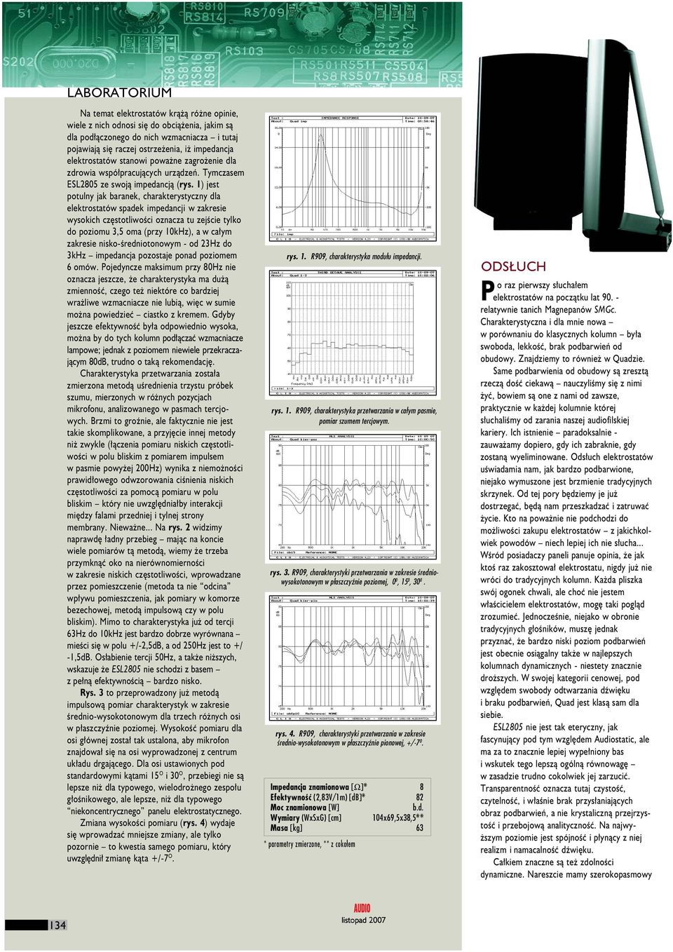 1) jest potulny jak baranek, charakterystyczny dla elektrostatów spadek impedancji w zakresie wysokich czêstotliwoœci oznacza tu zejœcie tylko do poziomu 3,5 oma (przy 10kHz), a w ca³ym zakresie