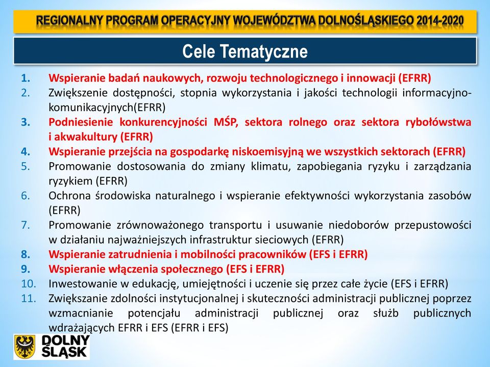 Promowanie dostosowania do zmiany klimatu, zapobiegania ryzyku i zarządzania ryzykiem (EFRR) 6. Ochrona środowiska naturalnego i wspieranie efektywności wykorzystania zasobów (EFRR) 7.