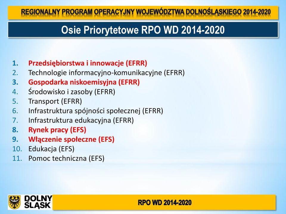 Środowisko i zasoby (EFRR) 5. Transport (EFRR) 6. Infrastruktura spójności społecznej (EFRR) 7.
