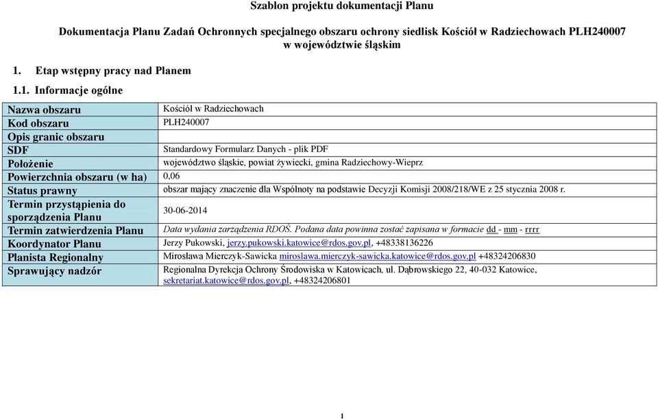 1. Informacje ogólne Nazwa obszaru Kościół w Radziechowach Kod obszaru PLH240007 Opis granic obszaru SDF Standardowy Formularz Danych - plik PDF Położenie województwo śląskie, powiat żywiecki, gmina