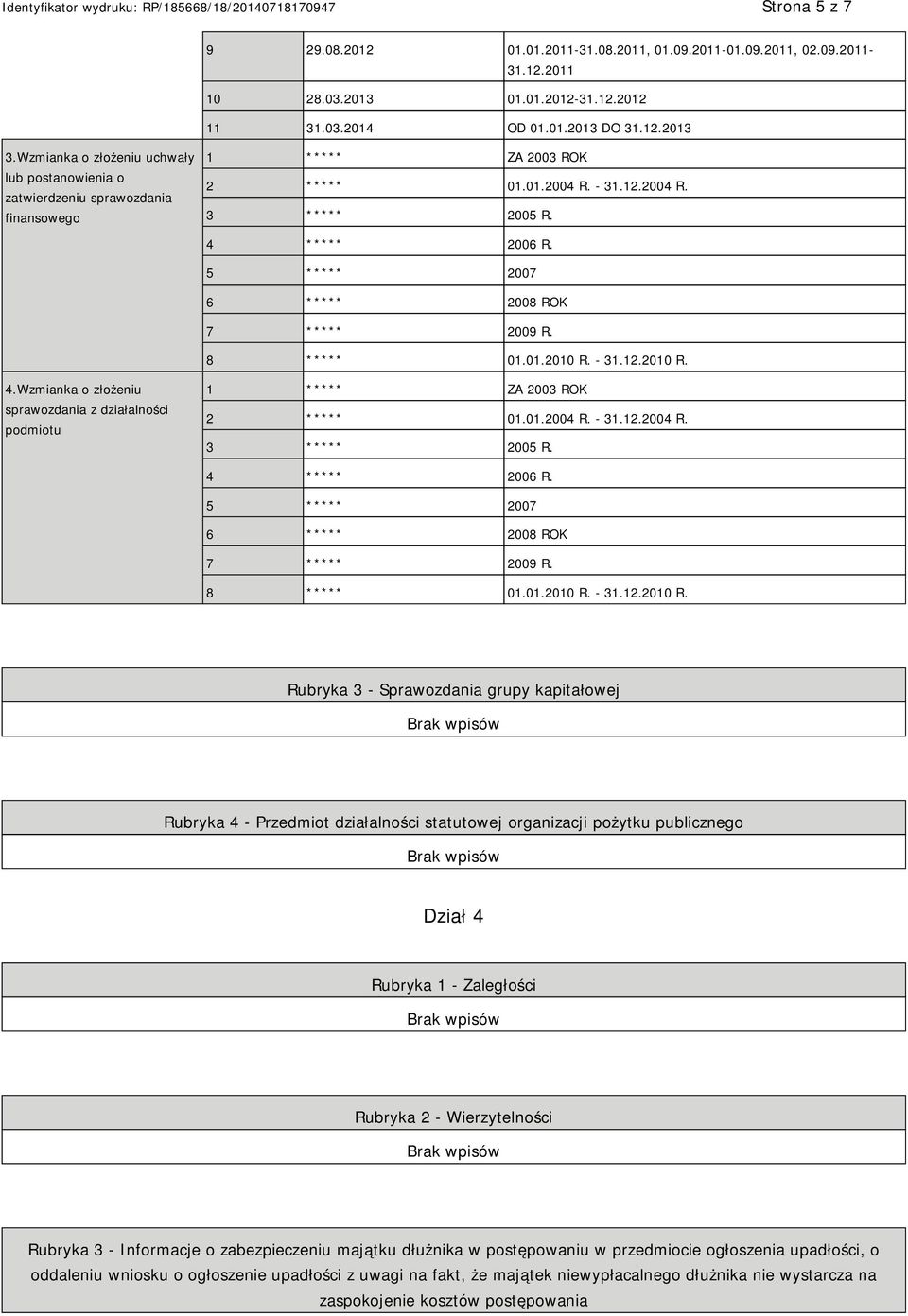 5 ***** 2007 6 ***** 2008 ROK 7 ***** 2009 R. 8 ***** 01.01.2010 R. - 31.12.2010 R. 4.Wzmianka o złożeniu sprawozdania z działalności podmiotu 1 ***** ZA 2003 ROK 2 ***** 01.01.2004 R. - 31.12.2004 R. 3 ***** 2005 R.