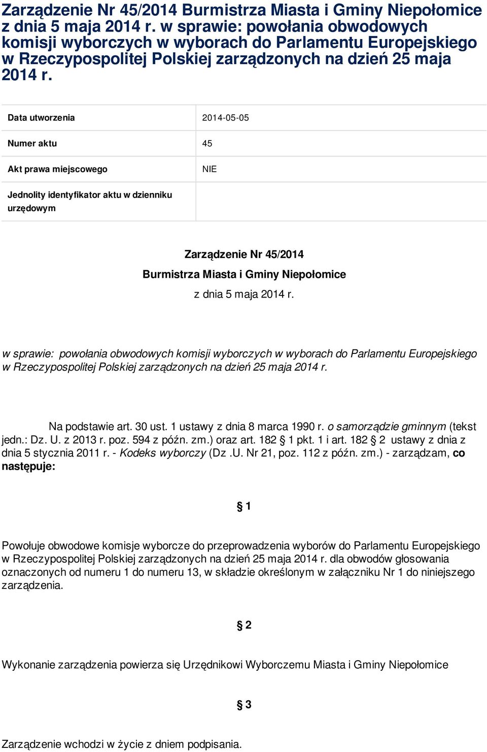 Data utworzenia 2014-05-05 Numer aktu 45 Akt prawa miejscowego NIE Jednolity identyfikator aktu w dzienniku urzędowym   Na podstawie art. 30 ust. 1 ustawy z dnia 8 marca 1990 r.