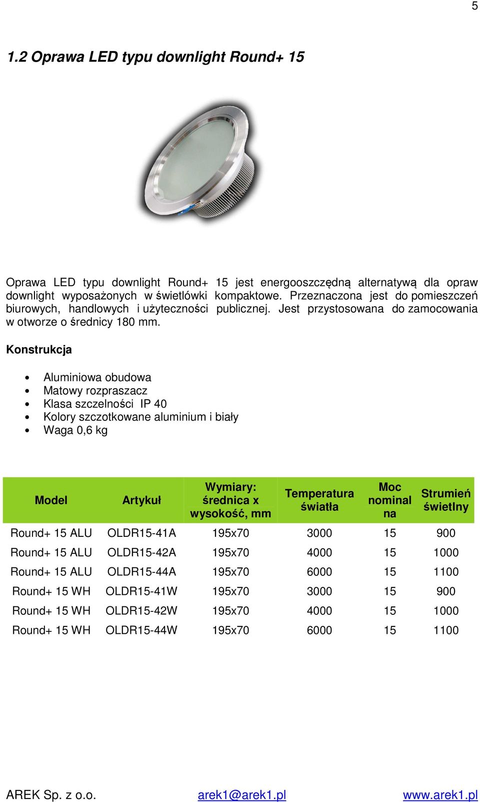 Aluminiowa obudowa Matowy rozpraszacz Klasa szczelności IP 40 Kolory szczotkowane aluminium i biały Waga 0,6 kg Wymiary: średnica x wysokość, mm nominal na Round+ 15 ALU OLDR15-41A