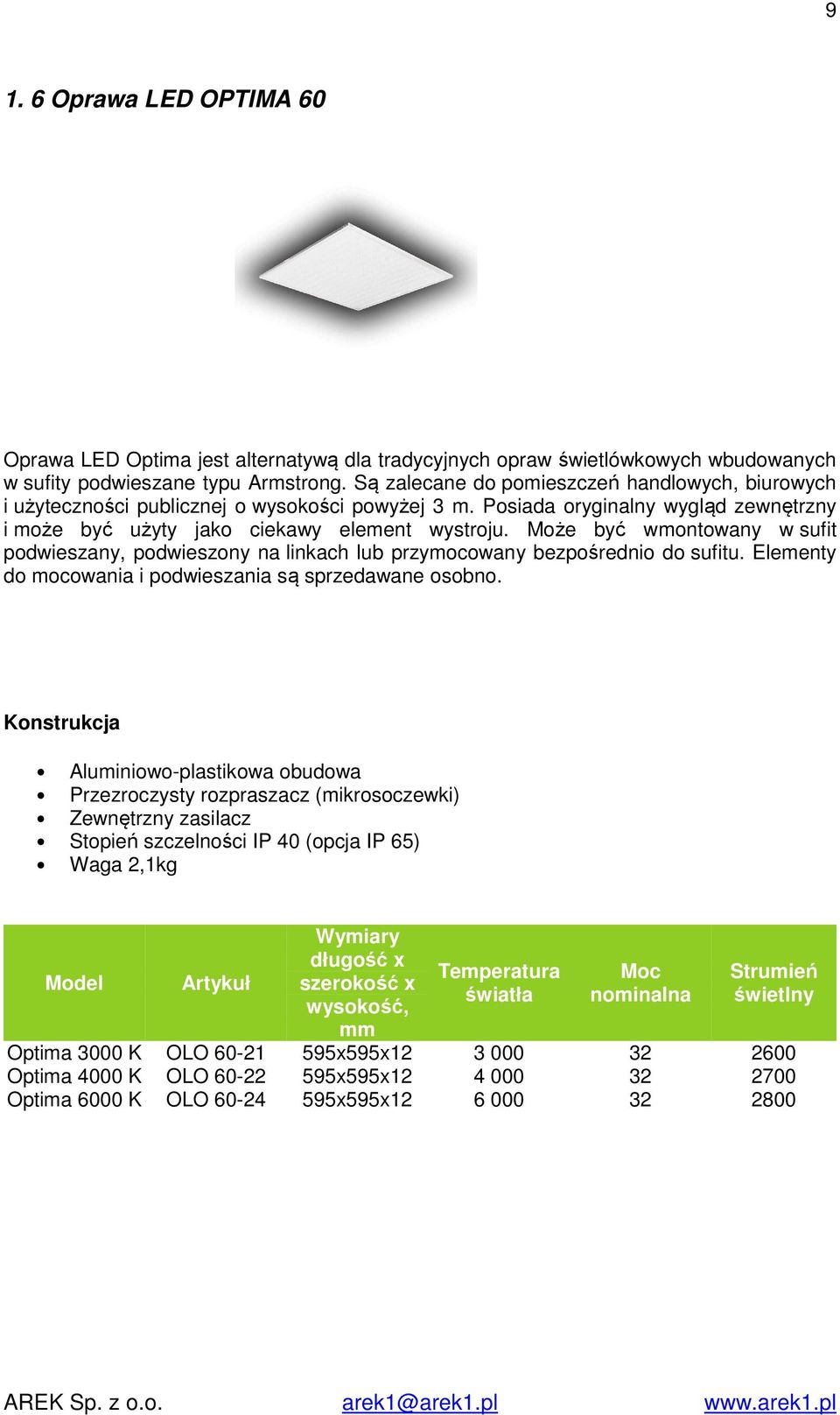 Może być wmontowany w sufit podwieszany, podwieszony na linkach lub przymocowany bezpośrednio do sufitu. Elementy do mocowania i podwieszania są sprzedawane osobno.