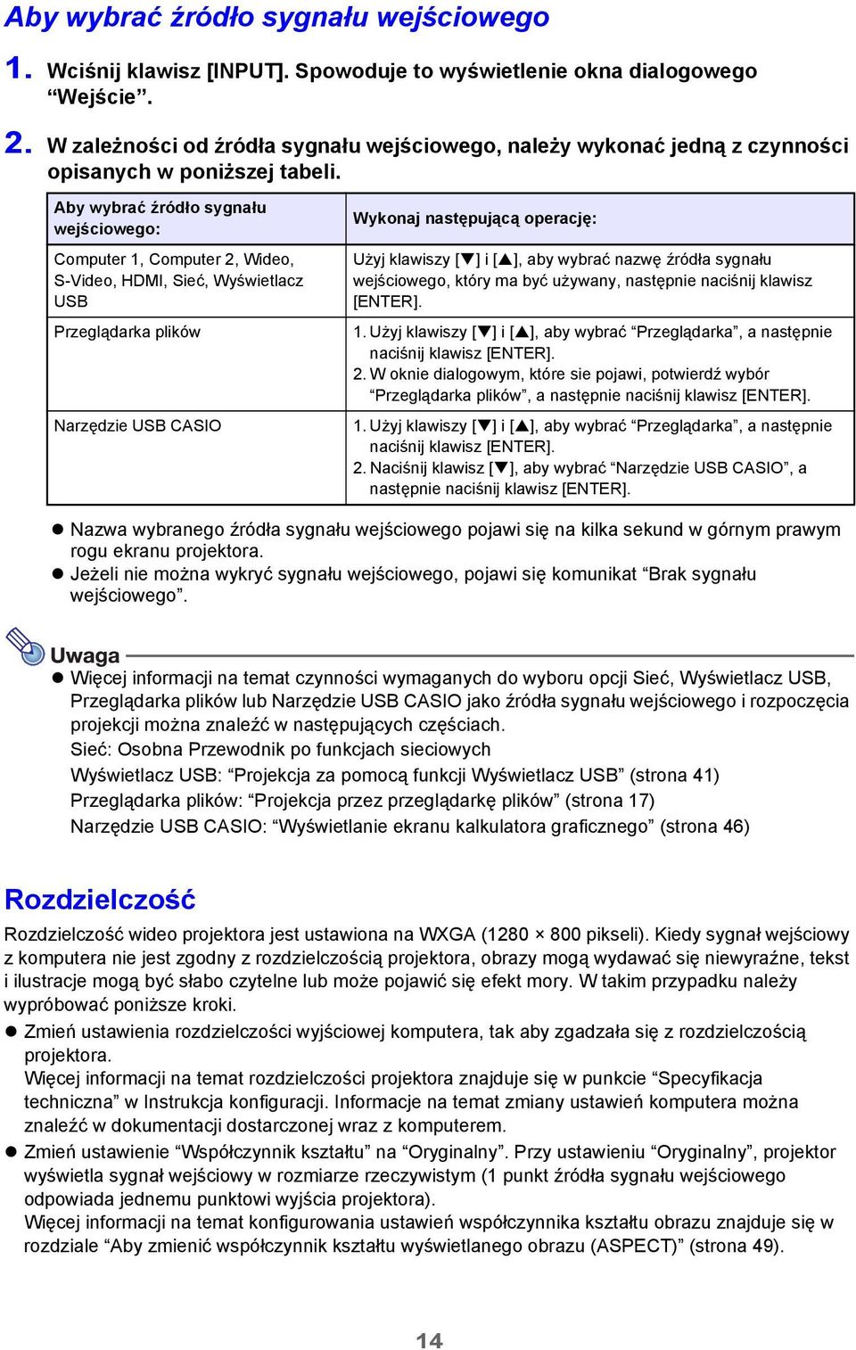 Aby wybrać źródło sygnału wejściowego: Computer 1, Computer 2, Wideo, S-Video, HDMI, Sieć, Wyświetlacz USB Przeglądarka plików Narzędzie USB CASIO Wykonaj następującą operację: Użyj klawiszy [ ] i [