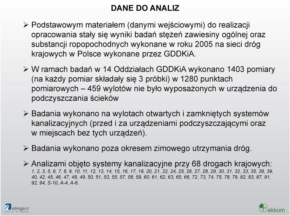 W ramach badań w 14 Oddziałach GDDKiA wykonano 1403 pomiary (na każdy pomiar składały się 3 próbki) w 1280 punktach pomiarowych 459 wylotów nie było wyposażonych w urządzenia do podczyszczania