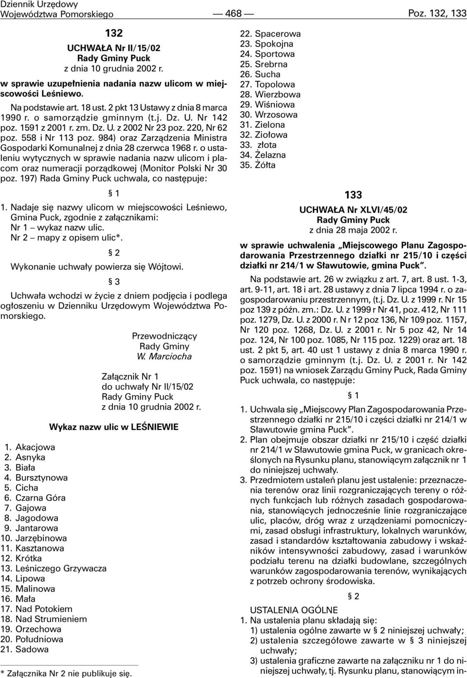 984) oraz Zarz¹dzenia Ministra Gospodarki Komunalnej z dnia 28 czerwca 1968 r. o ustaleniu wytycznych w sprawie nadania nazw ulicom i placom oraz numeracji porz¹dkowej (Monitor Polski Nr 30 poz.