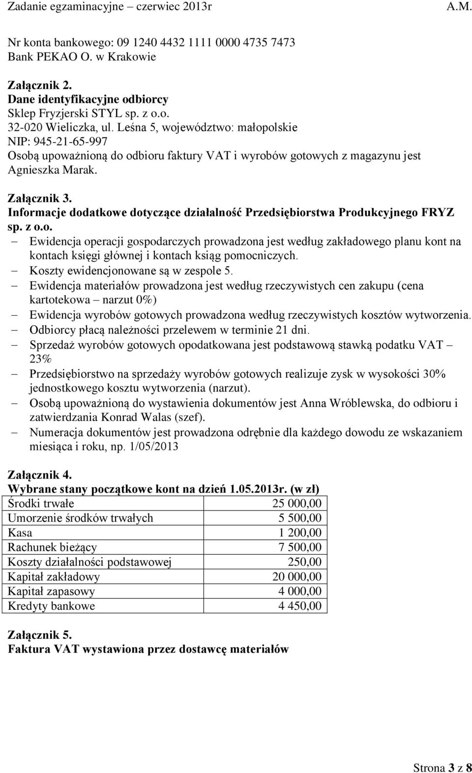 Informacje dodatkowe dotyczące działalność Przedsiębiorstwa Produkcyjnego FRYZ sp. z o.o. Ewidencja operacji gospodarczych prowadzona jest według zakładowego planu kont na kontach księgi głównej i kontach ksiąg pomocniczych.