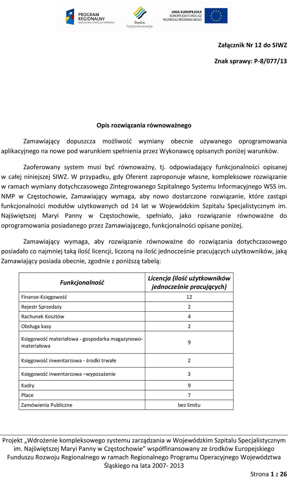 W przypadku, gdy Oferent zaproponuje własne, kompleksowe rozwiązanie w ramach wymiany dotychczasowego Zintegrowanego Szpitalnego Systemu Informacyjnego WSS im.