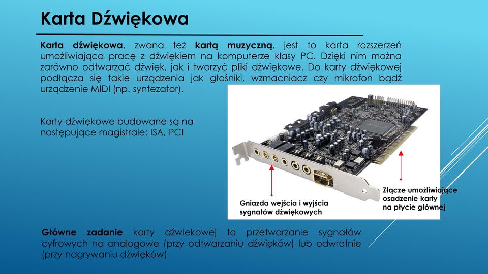 Do karty dźwiękowej podłącza się takie urządzenia jak głośniki, wzmacniacz czy mikrofon bądź urządzenie MIDI (np. syntezator).