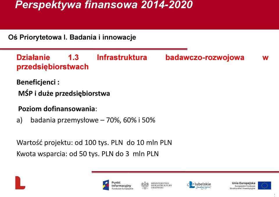 i duże przedsiębiorstwa Poziom dofinansowania: a) badania przemysłowe 70%,