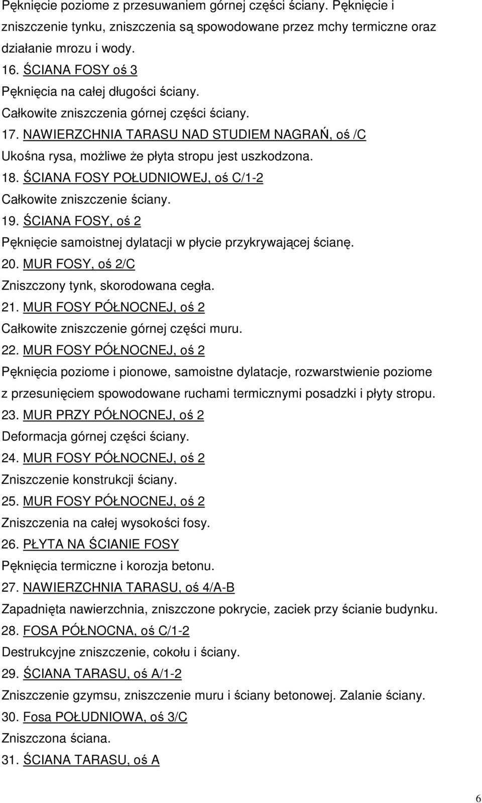 18. ŚCIANA FOSY POŁUDNIOWEJ, oś C/1-2 Całkowite zniszczenie ściany. 19. ŚCIANA FOSY, oś 2 Pęknięcie samoistnej dylatacji w płycie przykrywającej ścianę. 20.