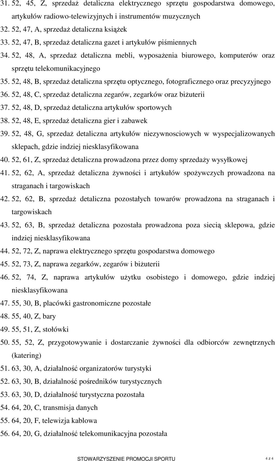 52, 48, B, sprzedaŝ detaliczna sprzętu optycznego, fotograficznego oraz precyzyjnego 36. 52, 48, C, sprzedaŝ detaliczna zegarów, zegarków oraz biŝuterii 37.