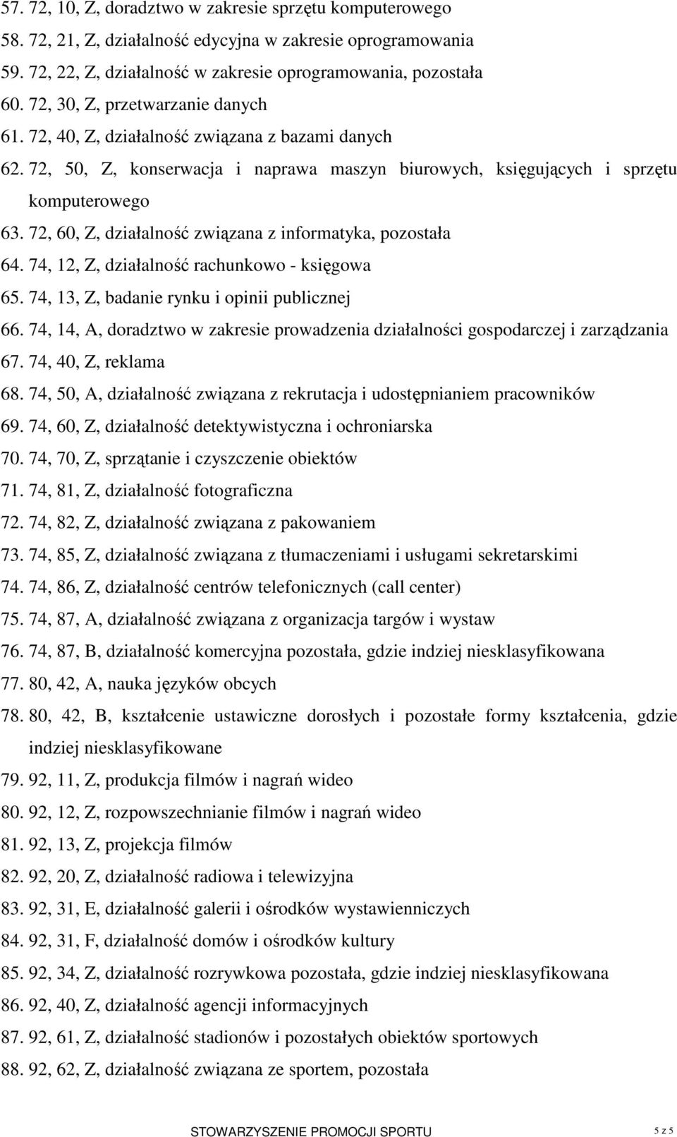 72, 60, Z, działalność związana z informatyka, pozostała 64. 74, 12, Z, działalność rachunkowo - księgowa 65. 74, 13, Z, badanie rynku i opinii publicznej 66.