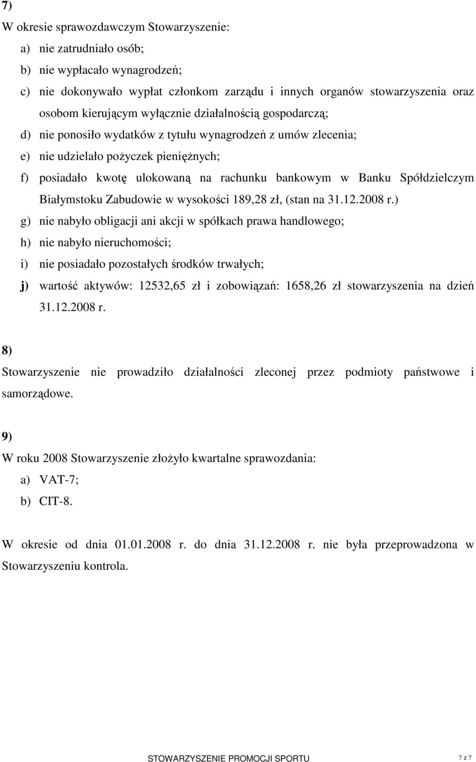 Spółdzielczym Białymstoku Zabudowie w wysokości 189,28 zł, (stan na 31.12.2008 r.