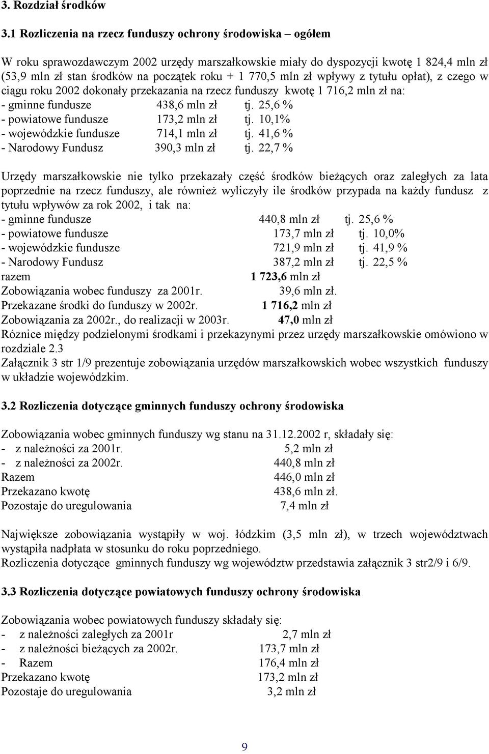 770,5 mln zł wpływy z tytułu opłat), z czego w ciągu roku 2002 dokonały przekazania na rzecz funduszy kwotę 1 716,2 mln zł na: - gminne fundusze 438,6 mln zł tj.