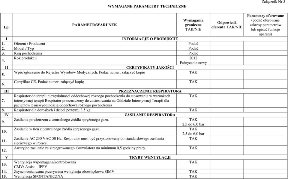 Podać numer, załączyć kopię III PRZEZNACZENIE RESPIRATORA Respirator do terapii niewydolności oddechowej różnego pochodzenia do stosowania w warunkach 7.