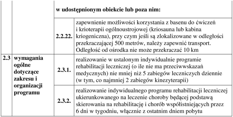 2.22. 2.3.1. 2.3.2. zapewnienie możliwości korzystania z basenu do ćwiczeń i krioterapii ogólnoustrojowej (kriosauna lub kabina kriogeniczna), przy czym jeśli są zlokalizowane w odległości